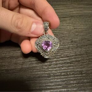 SUARTI BALI 925 Sterling Silver Vintage Amethyst Heart Oxidized Pendant Womens
